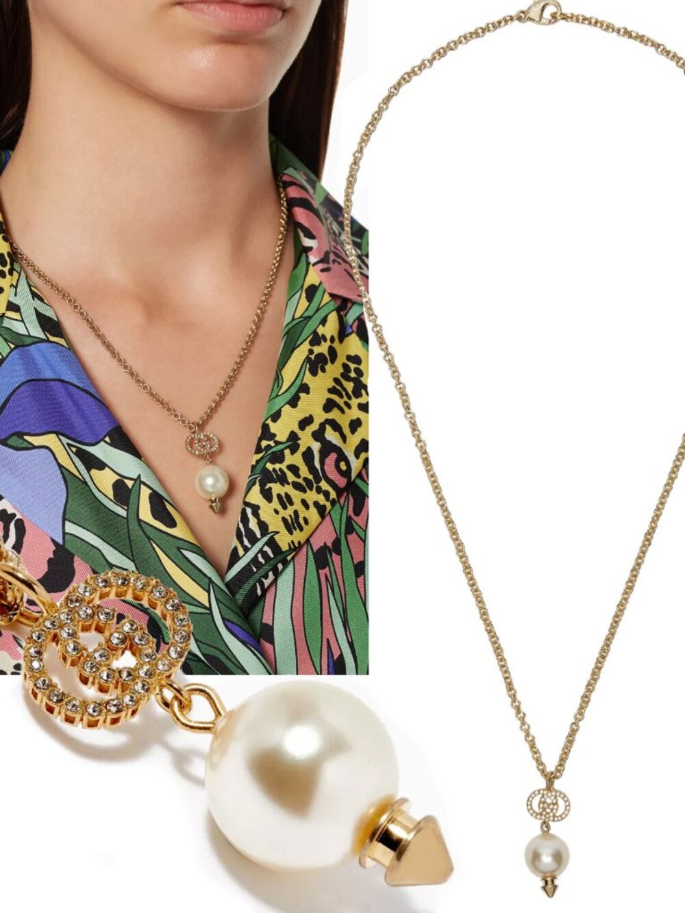 GUCCI NECKLACE GOLD PEARL CRYSTAL EMBELLISHED INTERLOCKING G PENDANT